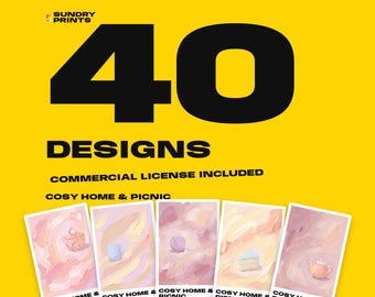 May include: A yellow graphic featuring the text 40 DESIGNS COMMERCIAL LICENSE INCLUDED COSY HOME & PICNIC. Below the text are five rectangular cards displaying soft, painterly illustrations of a basket, mug, yarn, cake, and teapot.