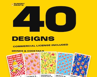 May include: A digital graphic featuring the text 40 DESIGNS COMMERCIAL LICENSE INCLUDED DRINKS & COCKTAILS on a yellow background. Below, five rectangular cards display patterns of limoncello, orange slices, margaritas, and cocktails.