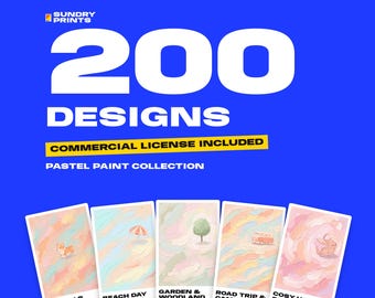 May include: A digital graphic featuring the text Sundry Prints 200 Designs Commercial License Included Pastel Paint Collection. Below the text are five rectangular cards displaying pastel-colored abstract paintings with small illustrations.