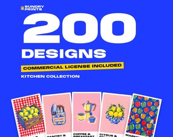 May include: A digital graphic featuring the text 200 DESIGNS, COMMERCIAL LICENSE INCLUDED, and KITCHEN COLLECTION on a blue background. Below, five rectangular cards display illustrations of lemons, sardines, coffee, fruit, and peppers.