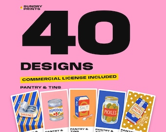 May include: A digital graphic set titled 40 DESIGNS PANTRY & TINS by SUNDRY PRINTS featuring five rectangular cards with illustrations of sardines, pomodori, salt, pickles, and pasta on a pink background with commercial license text.