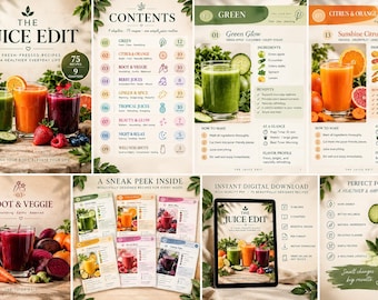 Könnte beinhalten: Das digitale Rezeptbuch The Juice Edit enthält 75 Rezepte für frisch gepresste Säfte in 9 Kapiteln. Die Seiten zeigen leuchtend grüne, orangefarbene und rote Säfte mit Zutatenlisten, Zubereitungsschritten und gesundheitlichen Vorteilen.