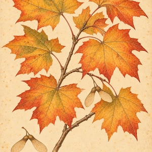May include: A botanical illustration of a sugar maple branch with vibrant orange, red, and yellow leaves and winged seeds. The text at the bottom reads PL. II, Acer saccharum, Sugar maple, NEW YORK, set against a textured beige background.