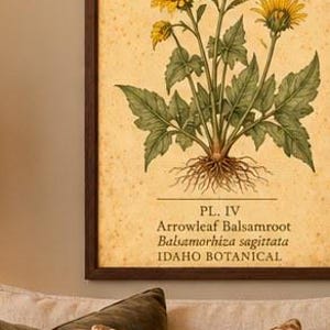 Impressão em tela de arte com desenho de raiz de bálsamo-flecha, arte de parede botânica vintage de Idaho.