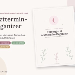 Könnte beinhalten: Ein ausdruckbarer Arzttermin-Organizer mit einem blassrosa Mondsichel-Symbol, botanischen Strichzeichnungen und dem Text Vorsorge- & Arzttermin-Organizer, ergänzt durch weitere Seiten mit einer tabellarischen Übersicht.