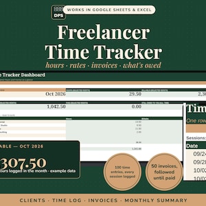 Könnte beinhalten: Eine digitale Freelancer Time Tracker Tabellenvorlage für Google Sheets und Excel. Das Dashboard zeigt Zeiterfassungen, abrechenbare Stunden und Rechnungsdaten in einem dunkelgrünen und beigen Farbschema mit Text wie Time Tracker Dashboard, Oct 2026 und 2,307.50.