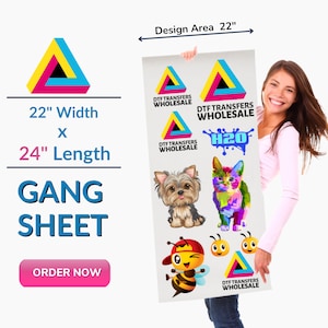 May include: A gang sheet with a design area of 22 inches by 24 inches. The sheet features a variety of colorful designs, including a cat, a dog, a bee, and the text "H2O". The sheet is held by a person, and the text "DTF Transfers Wholesale" appears multiple times on the sheet.