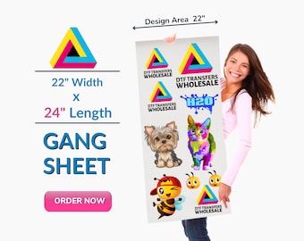 May include: A gang sheet with a design area of 22 inches by 24 inches. The sheet features a variety of colorful designs, including a cat, a dog, a bee, and the text "H2O". The sheet is held by a person, and the text "DTF Transfers Wholesale" appears multiple times on the sheet.