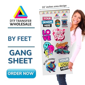 Pu&ograve; includere: Un foglio di design di trasferimento DTF da 22 pollici con varie grafiche colorate, tra cui un viso sorridente, un'auto, un cuore, una balena e il testo "Your Own Style".