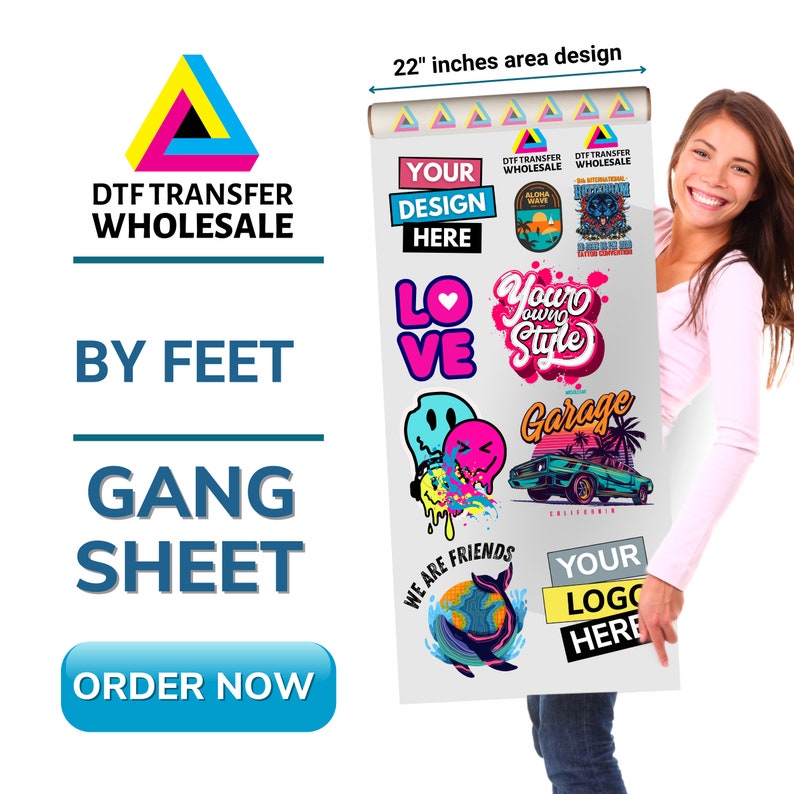 Pu&ograve; includere: Un foglio di design di trasferimento DTF da 22 pollici con varie grafiche colorate, tra cui un viso sorridente, un'auto, un cuore, una balena e il testo "Your Own Style".