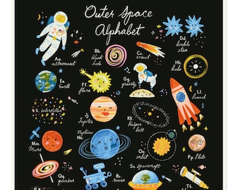 Outer Space Alphabet Digital Printable Download Printable Art File - Nursery Kid Wall Decor Hand Illustrated Design Gender Neutral Modern