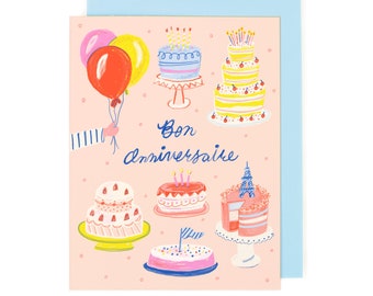 Bon Anniversaire Card French Birthday Illustrated Cakes Pastries and Balloons for Francophiles