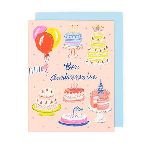 Bon Anniversaire Card French Birthday Illustrated Cakes Pastries and Balloons for Francophiles