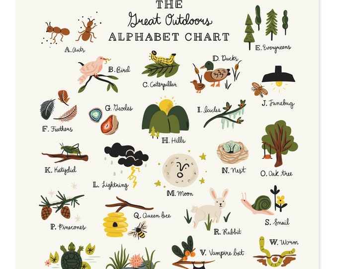 Great Outdoors Alphabet Digital Instant Download Printable Art - Nursery Kid ABC Decor Cute Adventure Hand Illustrated Calligraphy Design