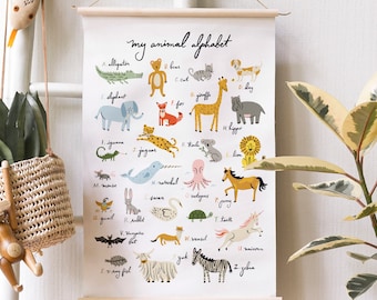 Animal Alphabet Digital Instant Download Printable Art File - Nursery Kid ABC Decor Minimal Modern Cute Hand Illustrated Calligraphy Design