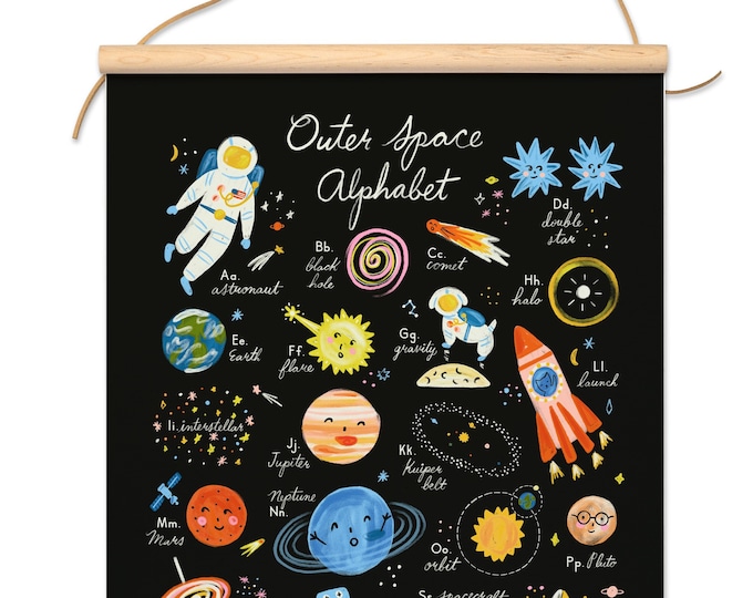 Outer Space Alphabet Canvas Banner Hanging Art Print Gender Neutral Nursery Decor Hand Illustrated Playful Modern Kid Art Design