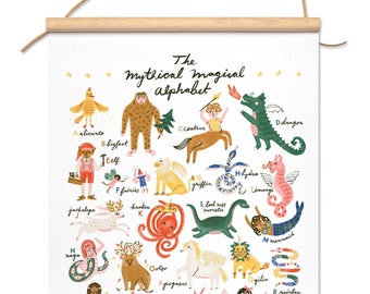 Bannière en toile de l'alphabet magique mythique à accrocher, décoration de chambre d'enfant | Livre de contes de fées magiques créatures illustrées enfant cadeau bébé