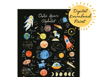 Outer Space Alphabet Digital Printable Download Printable Art File - Nursery Kid Wall Decor Hand Illustrated Design Gender Neutral Modern
