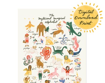 Mythical Magical Alphabet Digital Instant Download Printable Art File - Nursery Kid ABC Decor Mythical Fantasy Storybook Creature Characters