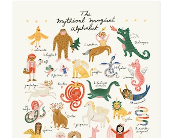 Mythical Magical Alphabet Digital Instant Download Printable Art File - Nursery Kid ABC Decor Mythical Fantasy Storybook Creature Characters