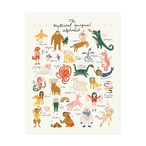 Mythische magische alfabet papier Art Print kwekerij decor | Magisch sprookje verhalenboek wezens dieren hand geïllustreerd A-Z Kid babycadeau