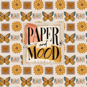 May include: A repeating pattern featuring orange butterflies, yellow flowers, brown hearts, and the word PEACE in blue text. Centered is a rectangular logo with the black text PAPER and MOOD STUDIO over watercolor shapes.