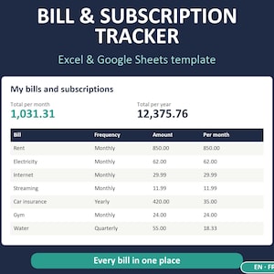 May include: A digital bill and subscription tracker template for Excel and Google Sheets. The interface displays a table titled My bills and subscriptions with columns for bill name, frequency, amount, and monthly cost, plus totals.