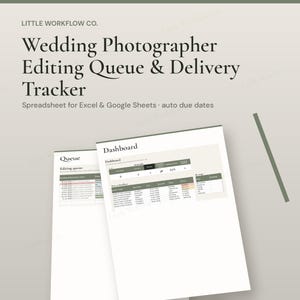May include: A digital spreadsheet for Excel and Google Sheets titled Little Workflow Co. Wedding Photographer Editing Queue & Delivery Tracker. The interface displays a dashboard and queue with columns for wedding dates, status, and deadlines.
