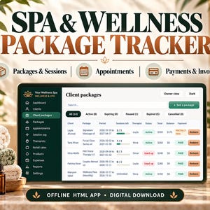 May include: A digital spa and wellness package tracker interface displayed on a screen. The dashboard features sections for packages, sessions, appointments, and payments. Text includes SPA & WELLNESS PACKAGE TRACKER and OFFLINE HTML APP.
