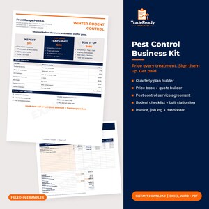Pest Control Business Kit, Pest Control Service Agreement, Pricing Calculator, Estimate, Invoice, Rodent Inspection Checklist Template