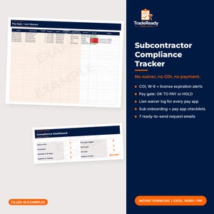 May include: A digital Subcontractor Compliance Tracker template featuring a spreadsheet for pay applications and lien waivers, a compliance dashboard, and a dark blue sidebar with the TradeReady Templates logo and text.