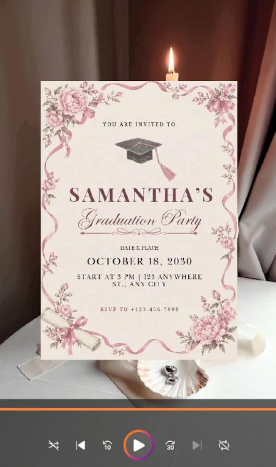 Pink Grad Invite Template Animated Pink Floral Invitation Graduation, Editable Canva Video ...