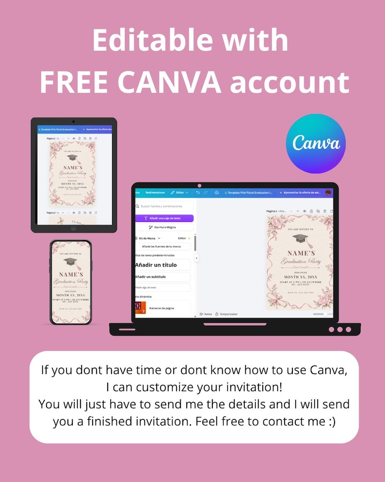 Pink Grad Invite Template Animated Pink Floral Invitation Graduation, Editable Canva Video ...