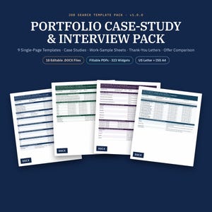 Op de afbeelding: Een digitaal sjabloonpakket voor het zoeken naar een baan met de tekst Portfolio Case-Study & Interview Pack. Bevat 9 sjablonen van één pagina, casestudy's, werkvoorbeelden, bedankbrieven, aanbiedingsvergelijkingen en 323 bewerkbare widgets.