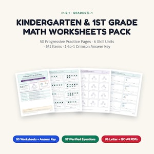 Op de afbeelding: Een wiskunde werkbladpakket voor de kleuterschool en groep 3 met 50 progressieve oefenpagina's, 6 vaardigheidseenheden, 541 items en een karmozijnrode antwoordsleutel. Bevat 391 geverifieerde vergelijkingen in US Letter en ISO A4 PDF-formaten.