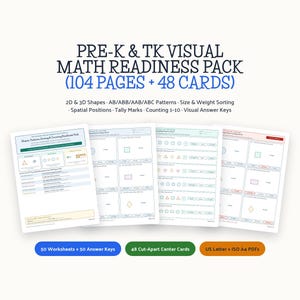 Puede incluir: Un paquete de preparación matemática visual para preescolar con 104 páginas y 48 tarjetas. El conjunto educativo incluye hojas de trabajo sobre formas 2D y 3D, patrones, clasificación, posiciones espaciales, conteo 1-10 y claves de respuestas.
