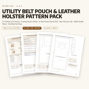 Op de afbeelding: Een digitaal patroonpakket voor een gereedschapsriemtas en lederen holster. Het document bevat 23 onderdelen voor een snoeischaarholster, een rol voor 8 beitels en penselen, een rolmaatclip, een handgreep voor een koekenpan en een kniekussengordel.