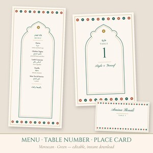Menú de boda marroquí en verde, números de mesa y tarjetas de lugar, plantillas editables.
