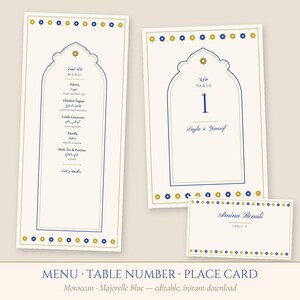 Menú de boda marroquí azul Majorelle, números de mesa y tarjetas de lugar, plantillas editables.