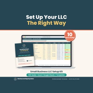 May include: A digital Small Business LLC Setup Kit featuring a PDF guide, Excel and Google Sheets templates, and a compliance calendar with 10 trackers. The display shows text including Set Up Your LLC The Right Way and RestaurantOpsSystem.