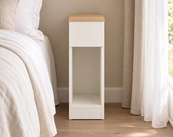 Narrow Nightstand 20 cm (8 in) with Drawer, Slim Bedside Table for Small Spaces, White and Oak Finish End Table, Skinny Side Table