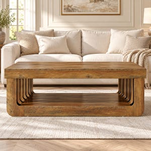 Fluted Coffee Table with Storage Shelf, 47 Inch Rustic Wood Coffee Table, 2 Tier Farmhouse Center Table, Living Room Table