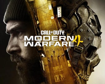 Może przedstawiać: Plakat promocyjny Call of Duty Modern Warfare z podzieloną twarzą. Po lewej stronie brodata osoba w czapce. Po prawej stronie taktyczna maska czaszki. W centrum znajduje się złota scena uliczna z koreańskim tekstem.