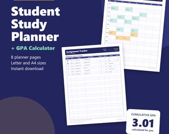 Student Study Planner Printable, Semester Planner with GPA Calculator Spreadsheet, College Assignment Tracker, Exam Schedule