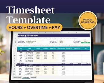 Timesheet Template Excel, Weekly and Monthly Timesheet with Overtime Calculator, Employee Hours Tracker, Time Card