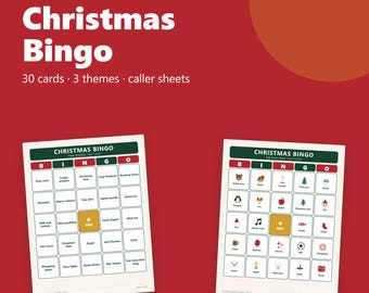 May include: A printable PDF Christmas Bingo game set featuring 30 unique cards, 3 themes, and caller sheets. The red background displays the text Christmas Bingo, 30 unique cards, 30 cards, 3 themes, caller sheets, US letter, A4, colour, black and white, and instant download.