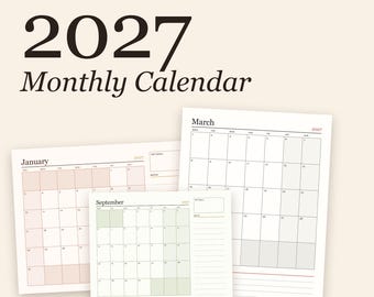 2027 Monthly Calendar Printable, Minimalist Wall Calendar PDF, Sunday and Monday Start, Landscape and Portrait, Letter and A4