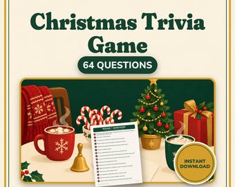 Christmas Trivia Game Printable, 64 Questions with Answer Key, Family and Adult Holiday Quiz, Christmas Party Game PDF