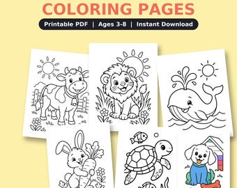 Cute Animals Coloring Pages for Kids, 30 Printable Farm, Forest and Ocean Animal Coloring Sheets, Toddler Preschool, Instant PDF