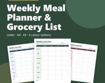 Weekly Meal Planner Printable with Grocery List, Meal Prep Menu Planner PDF, Family Dinner Planner, Letter and A4